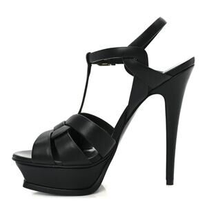 SAINT LAURENT Tribute 105 Black Calfskin Platform Heels Sandals Size 37.5